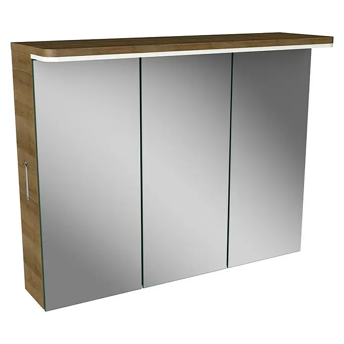 Camargue Modern 3.0 Badmöbel-Set MO80B3 - Gesamtbreite Badmöbel: 80 cm, Berg Eiche, Matt, 3 -tlg. - Das Bild zeigt einen Spiegelschrank mit drei Türen und einer hölzernen Oberseite, ideal für Badezimmer zur Aufbewahrung und Spiegelung.