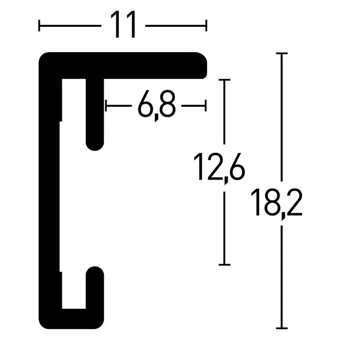 Accent Alurahmen Star - 18 x 24 cm, Grau - Profil-Querschnitt mit Maßen: 11 mm breit, 6,8 mm tief, 12,6 mm und 18,2 mm hoch. Technische Zeichnung eines C-förmigen Profils mit Maßangaben.