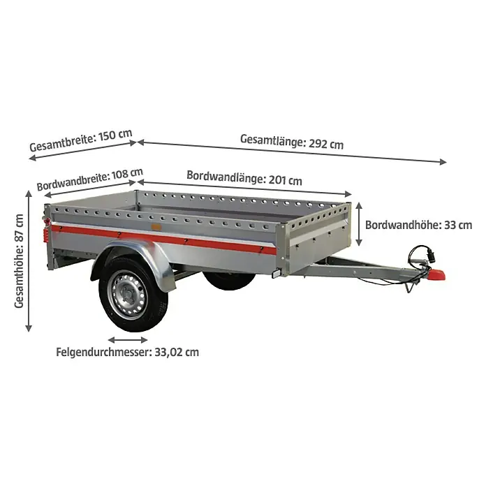 Stema Anhänger BH-R 750 - Nutzlast: 630 kg, Einachser, Kasteninnenmaß: 201 x 108 x 33 cm, Ungebremst - Abbildung eines Anhängers mit Maßangaben zu Länge, Breite und Höhe der Bordwand sowie zum Felgendurchmesser.
