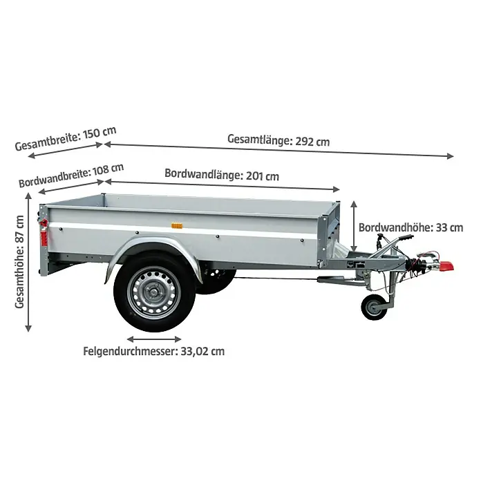 Stema Anhänger BASIC 1000 Kompakt - Nutzlast: 830 kg, Einachser, Kasteninnenmaß: 201 x 108 x 33 cm, Gebremst - Ansicht eines ungebremsten PKW-Anhängers mit den Abmessungen: Gesamtlänge 292 cm, Gesamtbreite 150 cm und Gesamthöhe 87 cm.