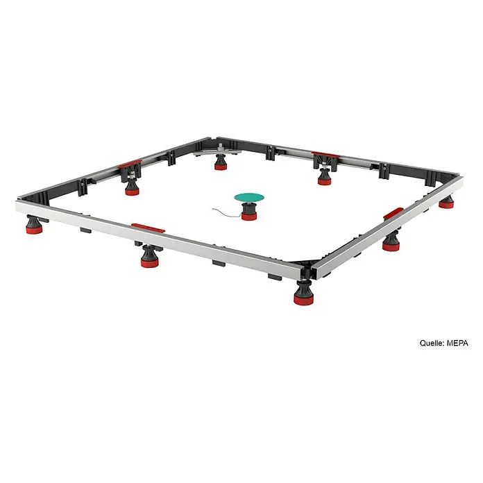 Mepa Duschwannen-Fußrahmen SF Universal - Wannengröße bis 120 x 120 cm - Duschwannen-Montagerahmen: Stabiler Rahmen mit roten Füßen und mittigem Abfluss für einfache Installation und Nivellierung von Duschwannen.