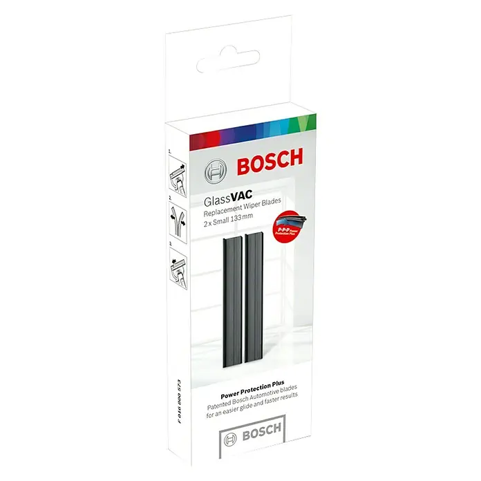 Bosch Ersatz-Wischblätter - Passend für: Bosch Fenstersauger GlassVac - Abbildung einer Verpackung mit zwei Bosch GlassVAC Ersatz-Wischerblättern, klein, 133 mm, für eine einfache und schnelle Reinigung.