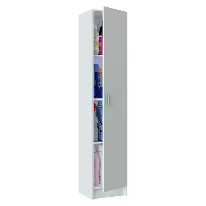 Armario multiusos de madera columna - L x An x Al: 37 x 37 x 180 cm, Blanco, Con 4 baldas - La imagen muestra un armario alto blanco con la puerta abierta, lleno de artículos de limpieza. Solución práctica de almacenamiento.