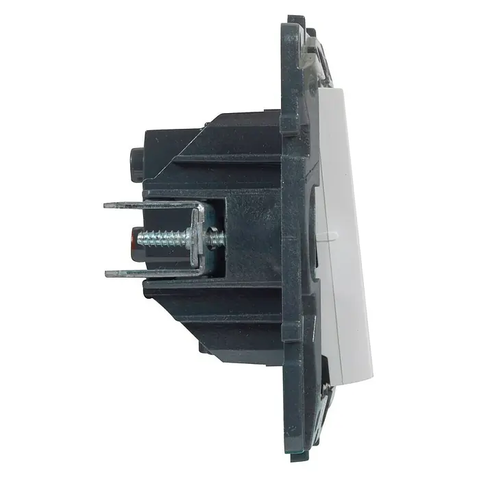 Legrand Niloé Step Cruzamiento - Blanco, Instalar, IP44 - Vista detallada de un interruptor de luz gris con un tornillo de montaje. El producto está diseñado para montaje en pared.