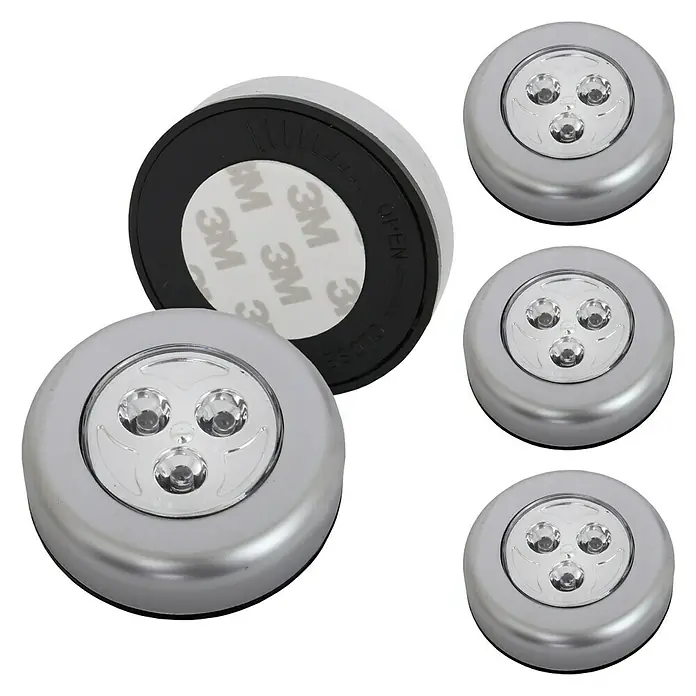 Brilo Aplique de pared redondo Push light - Diámetro: 68 mm - Juego de cinco luces de disco con acabado plateado y tres LED, ideal para armarios y estanterías.