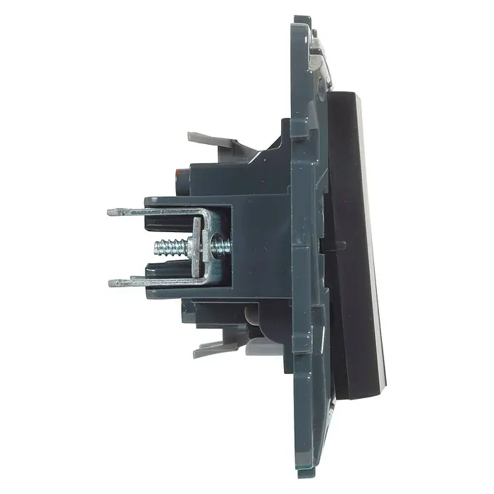 Legrand Niloé Step Conmutador doble - Antracita, Instalar, Plástico - Primer plano de un interruptor de luz negro con soportes de montaje, destacando los detalles del producto.