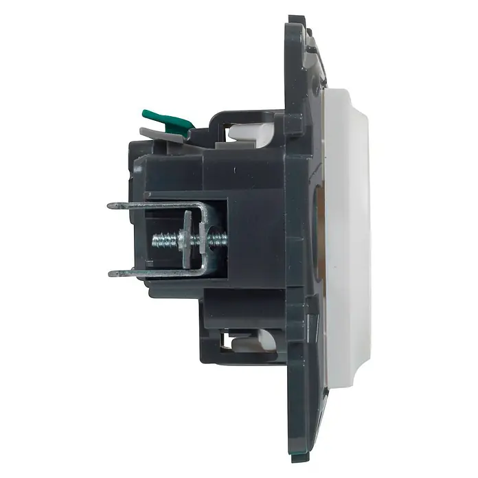 Legrand Niloé Step Enchufe - Blanco, Plástico, Colocar - Vista lateral de una toma de corriente, mostrando los mecanismos internos incluyendo tornillos y conectores.