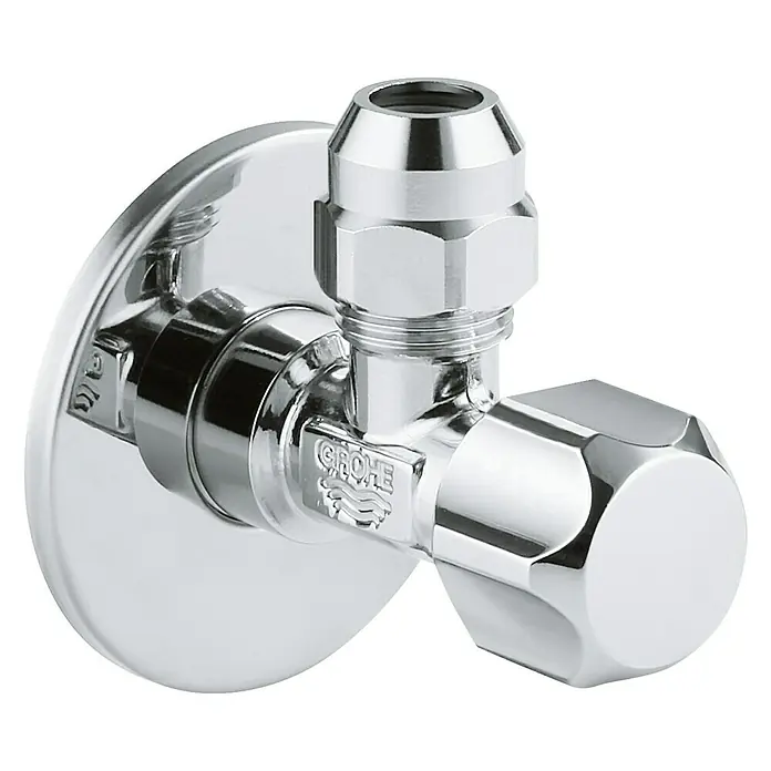 Grohe Eckventil 1 - ½″ x ⅜″, 1 Stk., Selbstdichtendes Anschlussgewinde - Nahaufnahme eines glänzenden, verchromten Grohe Eckventils mit rundem Sockel und sechseckigem Griff, ideal für moderne Badezimmer.