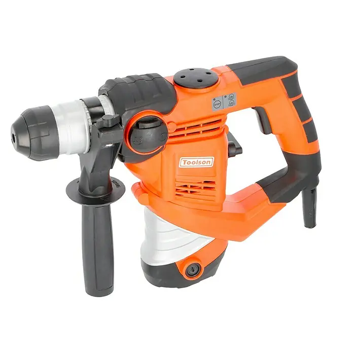 Toolson PRO Martillo combinado BH 900 - 900 W, 3 J, Alojamiento SDS-Plus - Primer plano de un martillo rotativo naranja de Toolson con mango negro y mandril plateado, sobre un fondo negro.