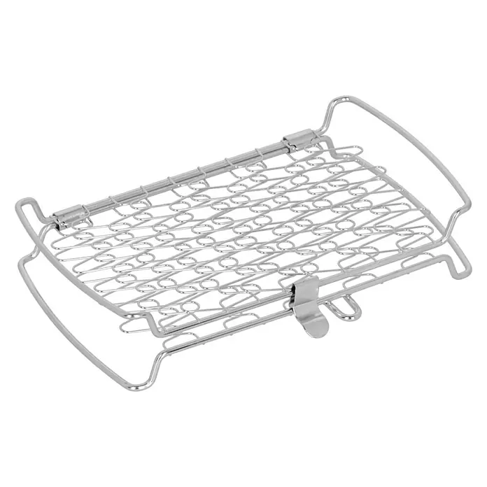 Kingstone Fisch- & Gemüsehalter - L x B: 28 x 16 cm - Das Bild zeigt eine Drahtgitterkorb, der für das Räuchern von Lebensmitteln verwendet wird und eine robuste Konstruktion für den Einsatz im Freien bietet.
