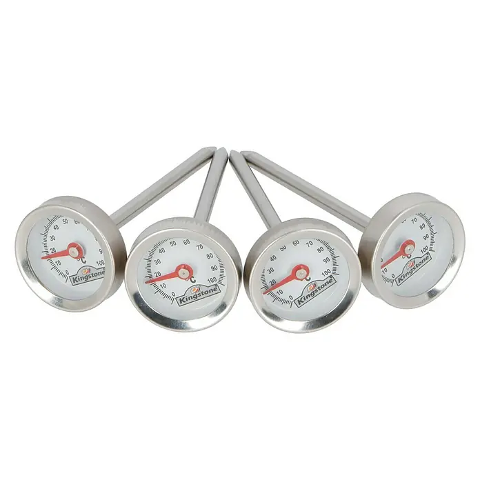 Kingstone Grill-Thermometer Set - 4 Stk. - Nahaufnahme von vier Kingston-Thermometern mit silbernen Zifferblättern, die Temperaturen bis zu 100 Grad anzeigen.