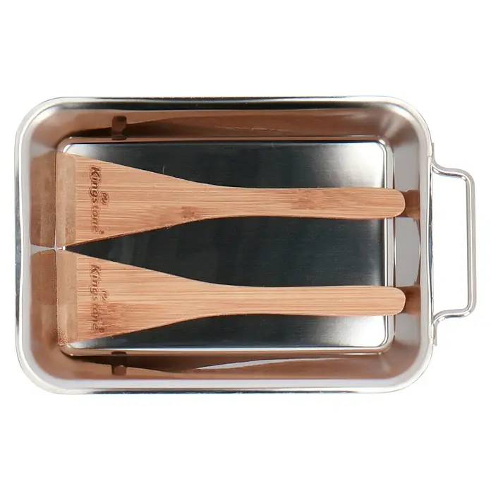 Kingstone Pfannen-Set - 4 -tlg. - Edelstahlbehälter mit zwei Holzspateln von Kingstone. Das Set ist ideal zum Grillen und Servieren von Speisen. Praktisch und stilvoll.