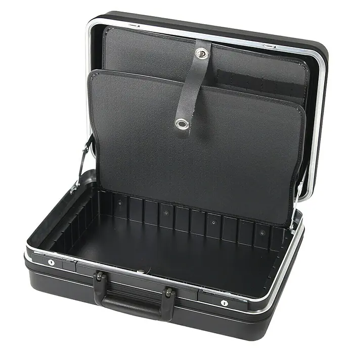 Hepco & Becker Werkzeugkoffer Classic 5121 - L x B: 370 x 490 mm, Höhe: 180 mm, ABS Pro - Geöffneter schwarzer Aktenkoffer mit silberfarbenen Akzenten, der das Innenleben und die Details des Produkts zeigt.