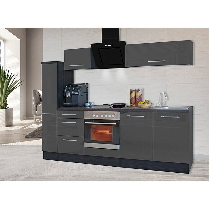 Respekta Premium Composición de cocina (Ancho: 240 cm, Con dispositivos eléctricos, Gris de alto brillo)