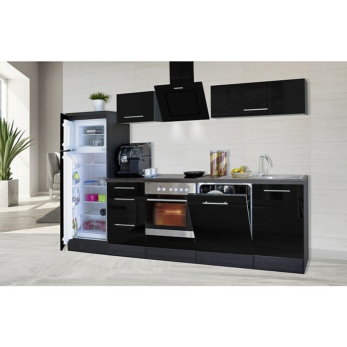 Respekta Premium Composición de cocina (Ancho: 280 cm, Con dispositivos eléctricos, Negro de alto brillo)
