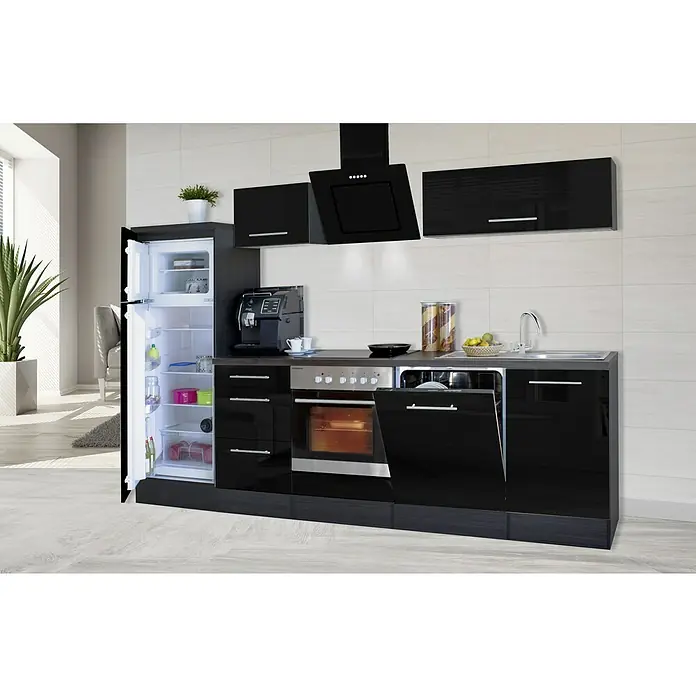 Respekta Premium Küchenzeile RP280ESCBO - Breite: 280 cm, Schwarz, Mit Elektrogeräten - Eine moderne schwarze Küche mit Kühlschrank, Geschirrspüler, Backofen, Herd und Dunstabzugshaube.
