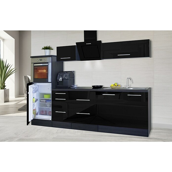 Respekta Premium Composición de cocina (Ancho: 270 cm, Con dispositivos eléctricos, Negro de alto brillo)