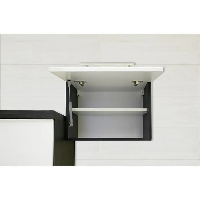Respekta Premium Küchenzeile RP250EGCBO - Breite: 250 cm, Grau, Mit Elektrogeräten - Offener Hängeschrank mit dunklem Rahmen und weißer Innenausstattung. Die Tür wird von einem silbernen Griff gehalten.