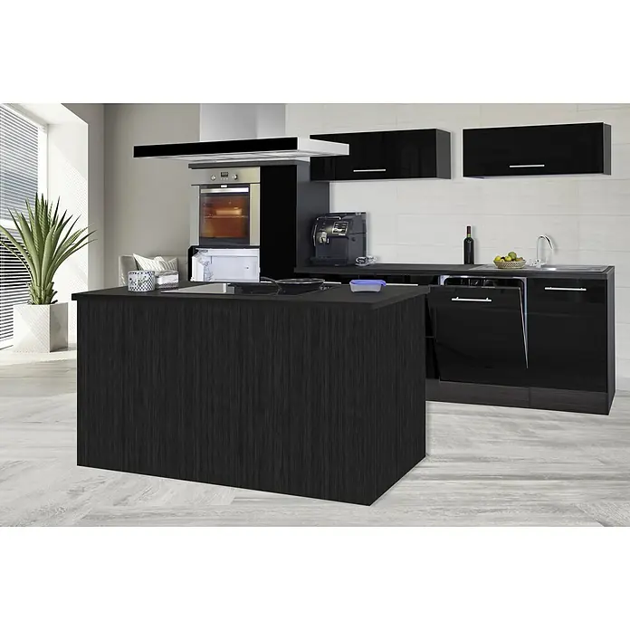 Respekta Premium Cocina de isla Amanda - Ancho: 310 cm, Roble/Negro, Con electrodomésticos - Interior de cocina con una elegante isla oscura. Cocina elegante y moderna con electrodomésticos y acabados de alta gama para un ambiente contemporáneo.