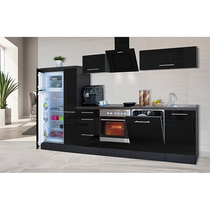Respekta Premium Composición de cocina (Ancho: 310 cm, Con dispositivos eléctricos, Negro de alto brillo)
