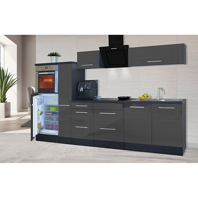 Respekta Premium Composición de cocina (Ancho: 300 cm, Con dispositivos eléctricos, Gris de alto brillo)