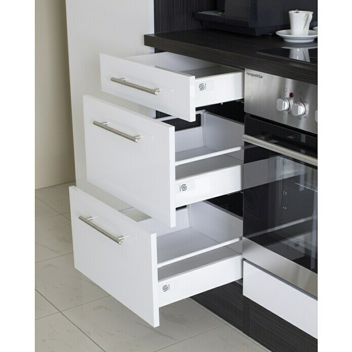Respekta Premium Composición de cocina (Ancho: 300 cm, Con dispositivos eléctricos, Gris de alto brillo)