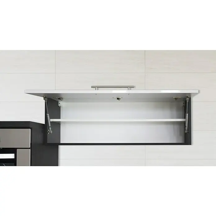 Respekta Premium Küchenzeile RP310HEWBO - Breite: 310 cm, Weiß, Mit Elektrogeräten - Offener Küchenschrank mit weißer Innenausstattung und Metallgriff vor weiß gefliester Wand.