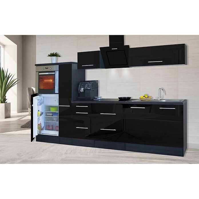 Respekta Premium Composición de cocina (Ancho: 300 cm, Con dispositivos eléctricos, Negro de alto brillo)