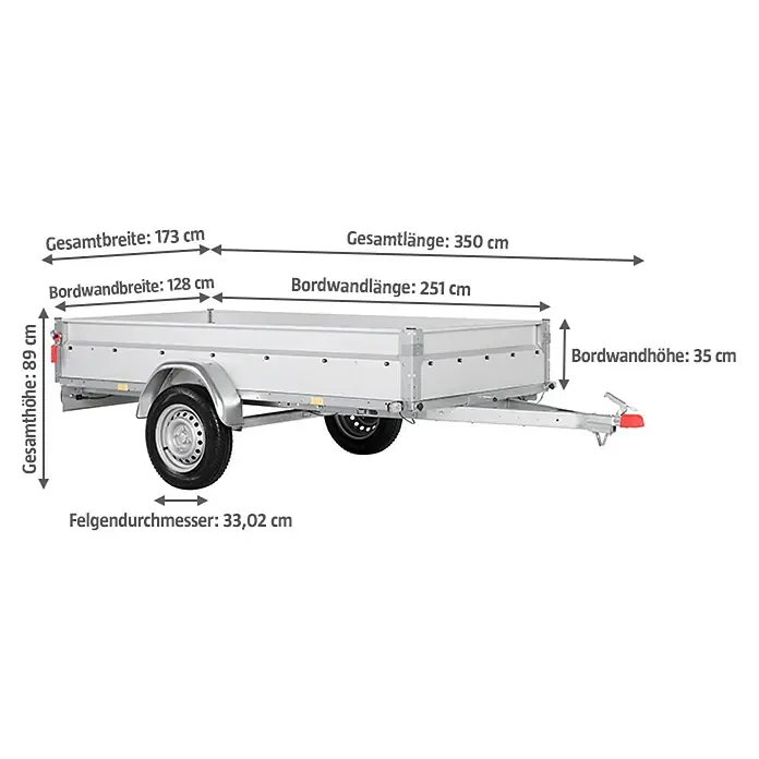 Stema Anhänger BASIC STL 750-25 - Nutzlast: 573 kg, Einachser, Kasteninnenmaß: 251 x 128 x 35 cm, Ungebremst - Abbildung eines Anhängers mit Maßangaben zu Gesamtlänge, -breite und -höhe sowie Bordwandmaßen und Felgendurchmesser.