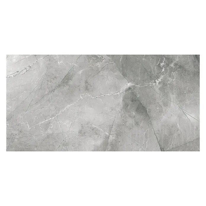 Feinsteinzeugfliese Pulpis - 60 x 120 cm, Grau, Glänzend - Bild einer grauen Marmorfliese mit subtilen Texturen, die elegante und moderne Designs hervorhebt. Ideal für stilvolle Innenräume.