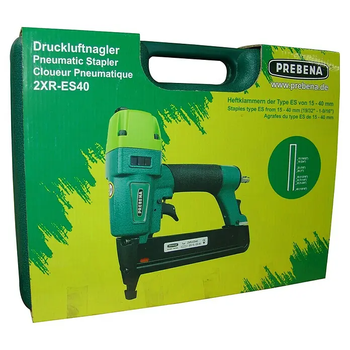 Prebena Druckluftnagler 2XR-ES40 - Betriebsdruck: 4 bar - 7 bar, Passend für: Heftklammern der Type ES von 15 - 40 mm - Bild einer Prebena 2XR-ES40 Druckluftnagler-Verpackung.