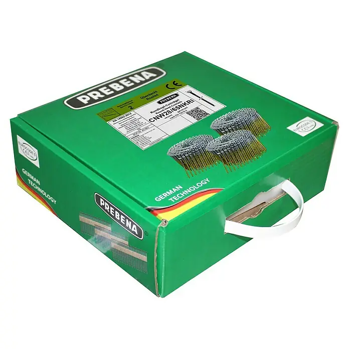 Prebena Coilnagel Typ CNW Verzinkt Ringschaft - Länge: 65 mm, 1.000 Stk. - Eine Schachtel PREBENA CNW28/65NKRI Rundkopf-Collnägel, ideal für Dacharbeiten und andere Bauprojekte.