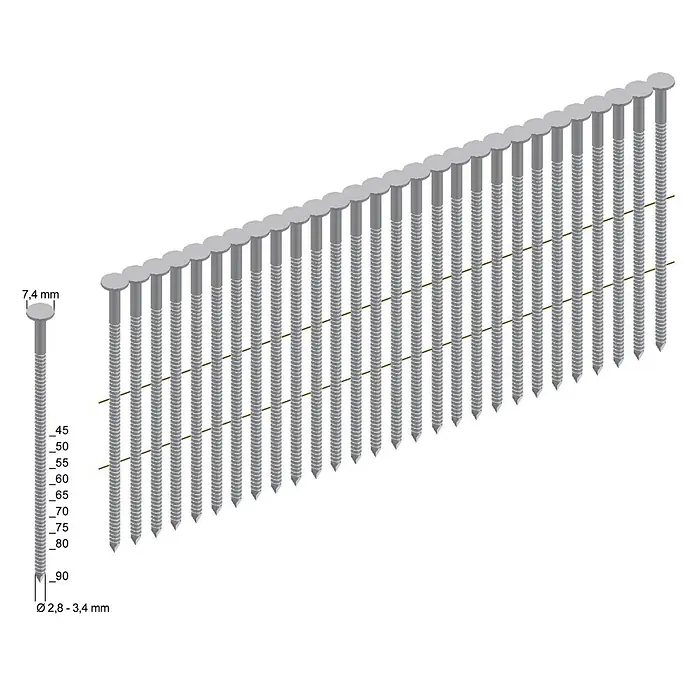 Prebena Coilnagel Typ CNW Verzinkt Ringschaft - Länge: 90 mm, 800 Stk. - Magazinierte Nägel mit den Maßen 7,4 mm Kopf und 2,8-3,4 mm Durchmesser, verbunden durch dünnen Draht, ideal für professionelle Anwendungen.