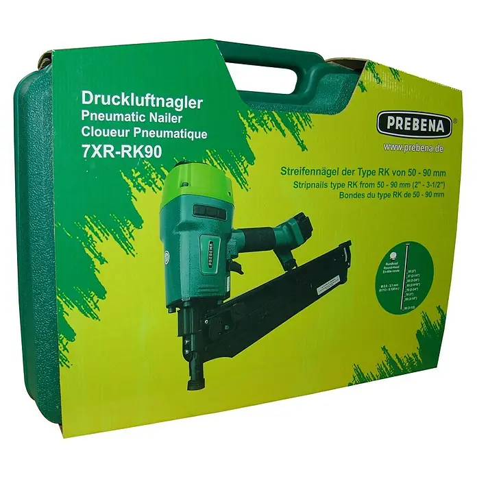 Prebena Druckluftnagler 7XR-RK90 - Betriebsdruck: 4 bar - 7 bar, Passend für: Prebena Rundkopf-Streifennägel der Type von RK 50 - 90 mm - Druckluftnagler 7XR-RK90 von PREBENA in grüner Verpackung. Das ideale Werkzeug für präzise Nagelarbeiten in verschiedenen Materialien.