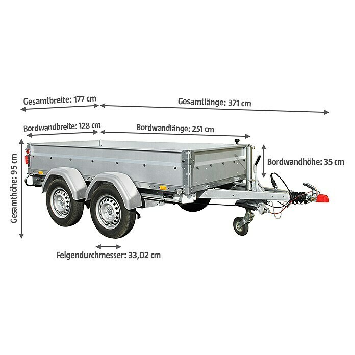 Stema Anhänger BASIC ST 1500-25-13.2Nutzlast: 1.140 kg, Doppelachser, Kasteninnenmaß: 251 x 128 x 35 cm, Gebremst Diagonal View