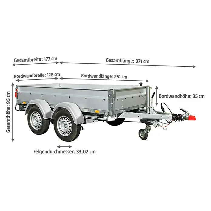 Stema Anhänger BASIC ST 1500-25-13.2 - Nutzlast: 1.140 kg, Doppelachser, Kasteninnenmaß: 251 x 128 x 35 cm, Gebremst - Abbildung eines PKW-Anhängers mit Größenangaben in Zentimetern.