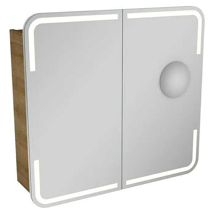 Camargue Stella LED-Spiegelschrank - B x H: 80 x 73,7 cm, Holz, Berg Eiche, Mit Beleuchtung, Kantenausführung Tür: Abgerundet - Ein moderner Spiegelschrank mit integrierter Beleuchtung und einem Holzrahmen, perfekt für jedes Badezimmerdesign.