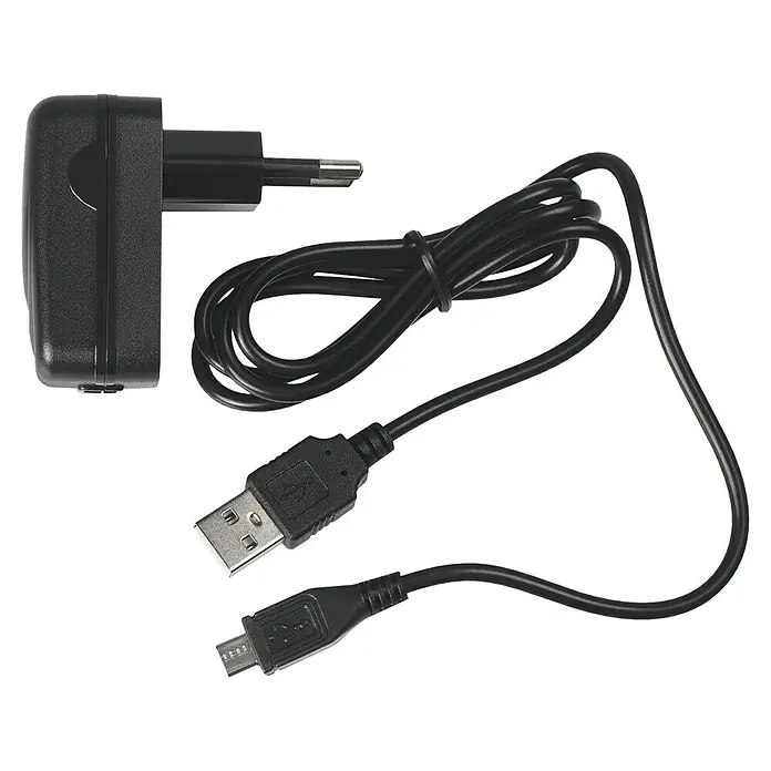 Rapid Akku-Heißklebepistole - 3,6 V, 1 Akku, Durchmesser Klebepatrone: 7 mm - Das Bild zeigt ein schwarzes USB-Ladegerät mit einem USB-Kabel, das zum Aufladen elektronischer Geräte verwendet wird.