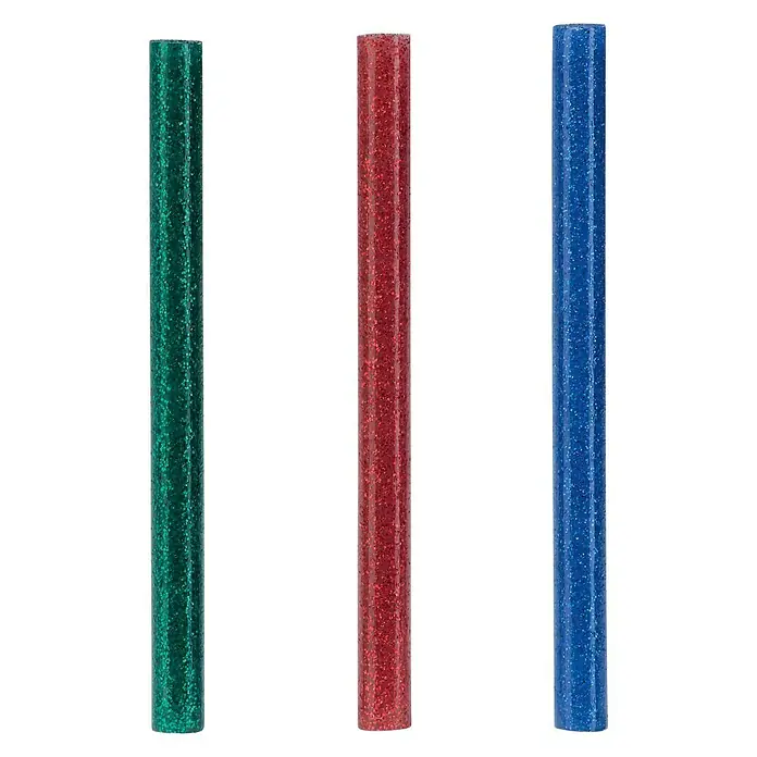 Rapid Klebepatronen Glitzer Klassik - Durchmesser Klebepatrone: 7 mm, Grün/Rot/Blau Glitzer - Drei glitzernde Heißklebestifte in Grün, Rot und Blau stehen ordentlich nebeneinander auf einem weißen Hintergrund.