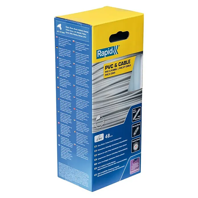 Rapid Klebepatronen - 48 Stk., Passend für: Klebepistolen Ø 12 mm, Materialeignung: Gummi - Box mit Rapid PVC & Cable Klebesticks. Ideal für PVC, Kabel und Kunststoffe. Schnell, stark und lösungsmittelfrei.