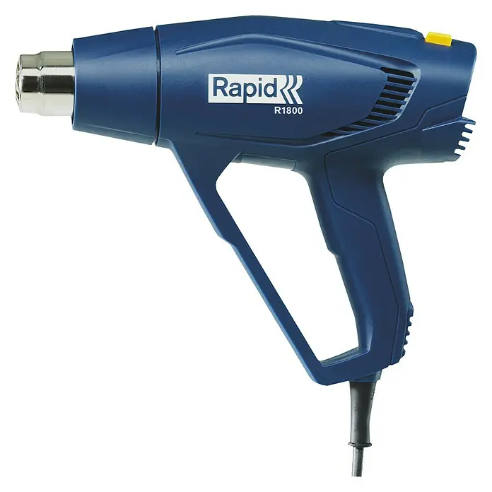 Rapid Heißluftgebläse R1800 - 1.800 W, Temperaturbereich: 300 °C - 550 °C - Abbildung einer blauen Rapid R1800 Heißluftpistole mit silberfarbener Düse und gelbem Knopf für diverse Heimwerker- und Bastelarbeiten.