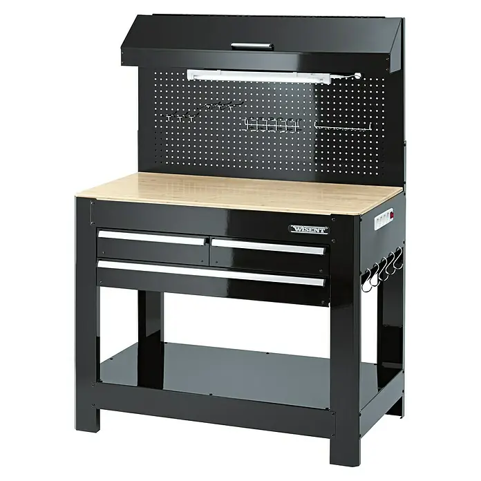 Wisent Banco de trabajo - L x An: 114 x 61 cm, Altura de trabajo: 160 cm, Carga soportada: 140 kg, Negro - Banco de trabajo con cajones, panel perforado y luz de trabajo. El equipo ideal para artesanos y aficionados al bricolaje.