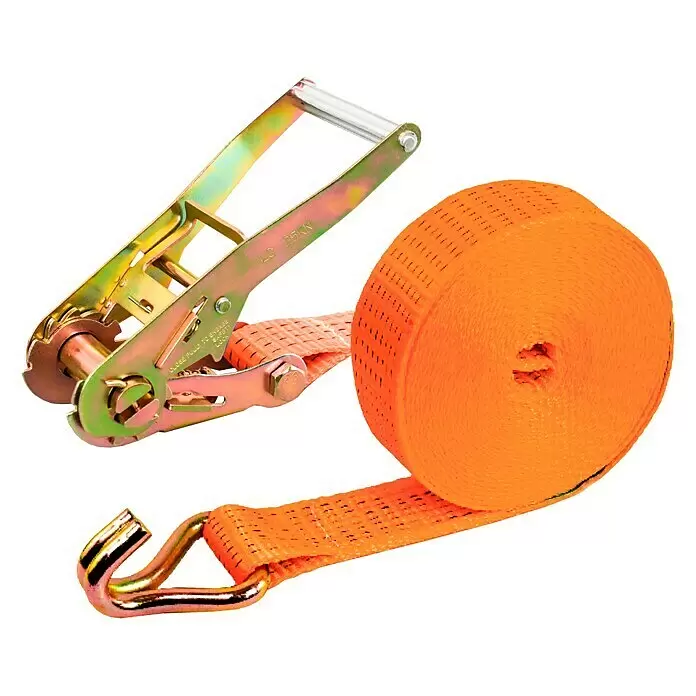 Ponsa Correa de amarre con trinquete Ratchet - L x An: 8,5 m x 50 mm, Carga soportada: 5.000 kg, 2 ganchos abiertos - Correa de amarre naranja con carraca y gancho metálicos, parcialmente enrollada.