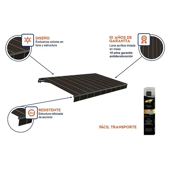 SmartSun Toldo de brazos extensibles Noir Limited Edition Kit - Gris oscuro, Ancho: 4 m, Caída: 2,5 m - Imagen de un toldo marrón elegante con un marco de aluminio robusto, colores exclusivos y una garantía anti-decoloración de 10 años.