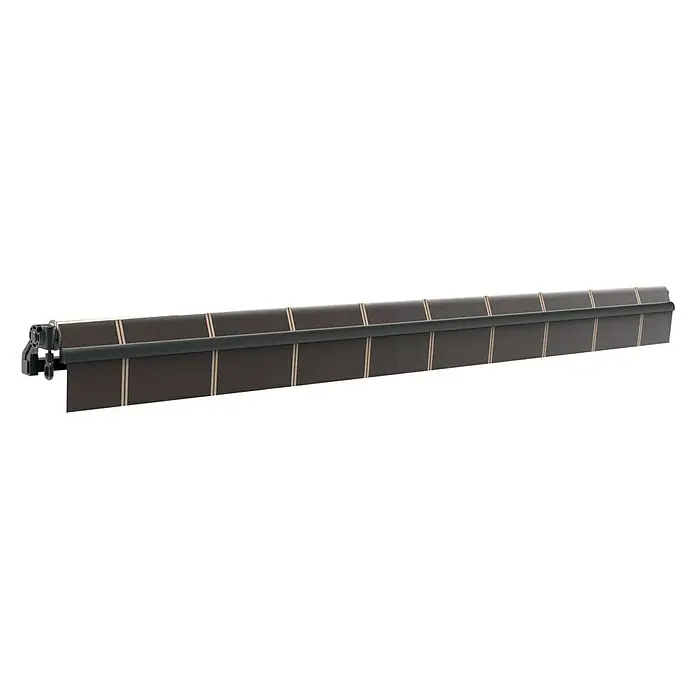 SmartSun Toldo de brazos extensibles Noir Limited Edition Kit - Gris oscuro, Ancho: 4 m, Caída: 2,5 m - Primer plano de un toldo retráctil marrón con franjas verticales de acento. Este producto está diseñado para dar sombra y proteger.