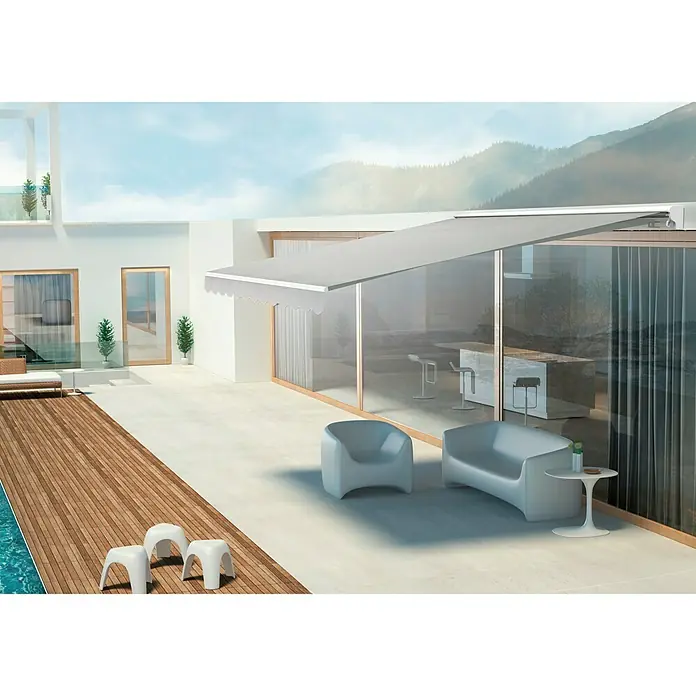 SmartSun Toldo de brazos extensibles Vivant - Gris piedra, Ancho: 4 m, Caída: 3 m - Vista del patio con un elegante toldo. Ofrece una protección solar perfecta y complementa el diseño moderno de la casa.