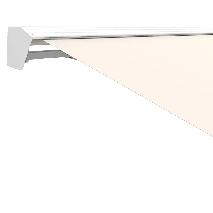 SmartSun Toldo de brazos extensibles Premium Edition Kit - Arena soft, Ancho: 3 m, Caída: 2 m - Primer plano de un toldo con una tela color crema y una carcasa blanca. El toldo está parcialmente extendido y proyecta una sombra.
