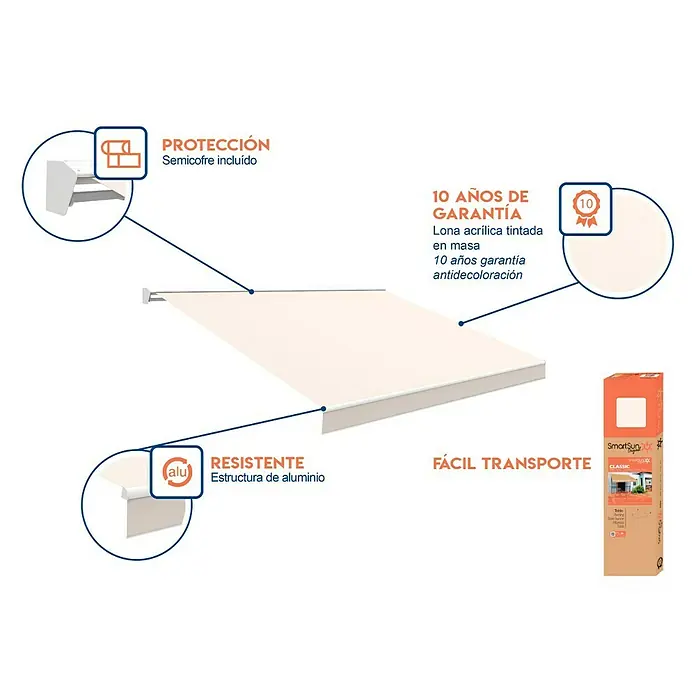 SmartSun Toldo de brazos extensibles Premium Edition Kit - Arena soft, Ancho: 3 m, Caída: 2 m - Toldo con protección, garantía de 10 años, estructura de aluminio resistente y fácil transporte, asegura confort y longevidad.