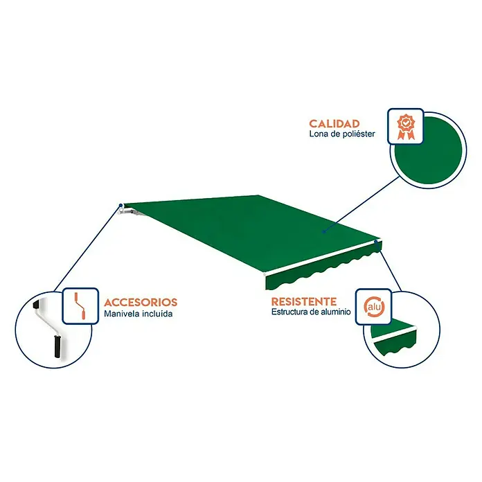 SmartSun Toldo de brazos extensibles Easy Lite - Verde bosque, Ancho: 3 m, Caída: 2 m - Ilustración de un toldo, destacando la calidad, los accesorios y la durabilidad del producto.