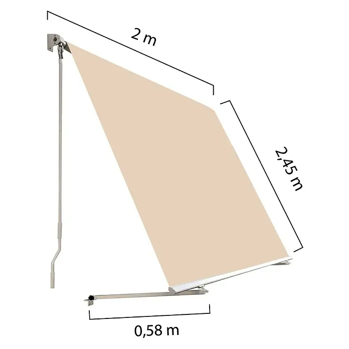 SmartSun Toldo para balcón Urban - Beige arena, Ancho: 2 m, Caída: 2,45 m - Vista de un toldo de color beige con indicaciones de tamaño. Está montado en una pared y proporciona sombra.